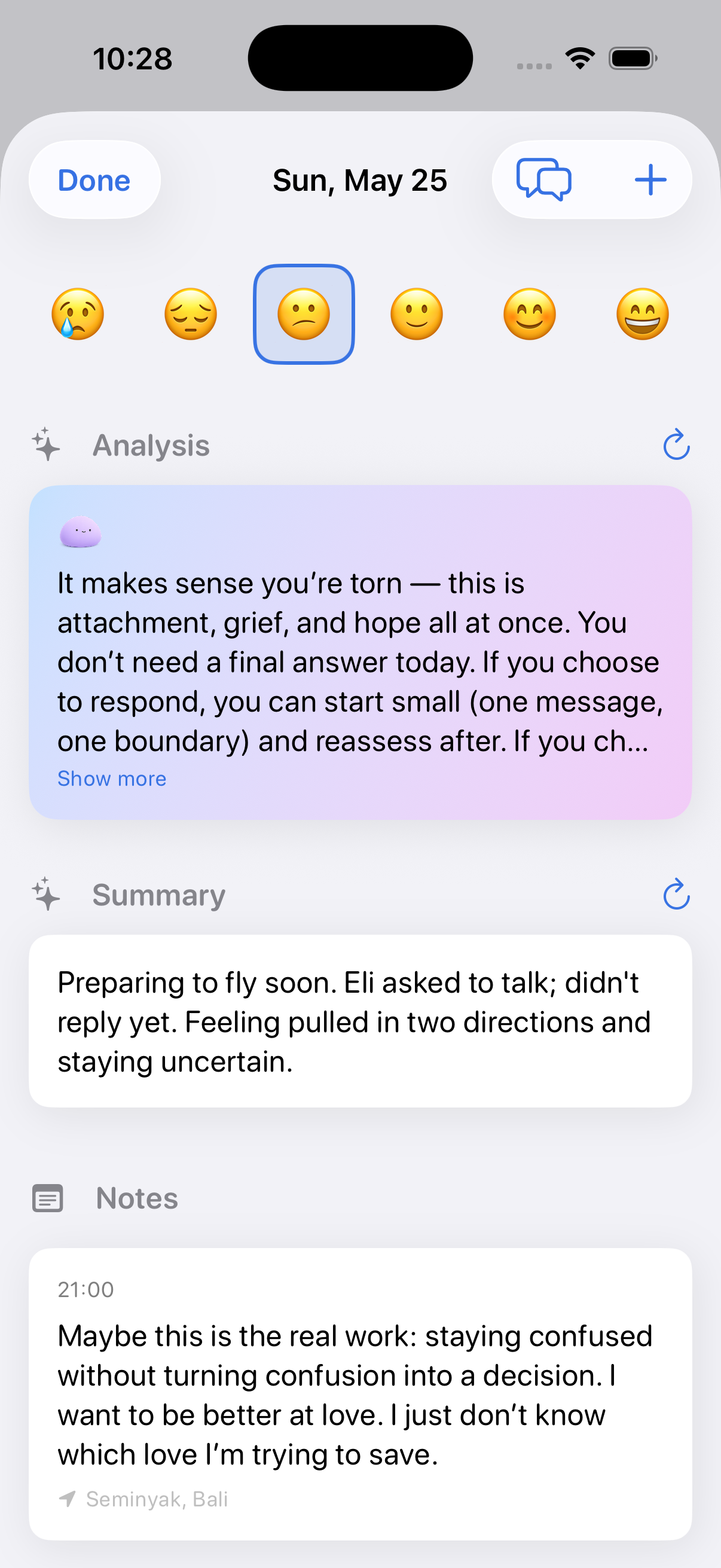 Dottie day detail screen showing the user's notes alongside a mood emoji picker, an AI-written summary, and a gentle reflection.