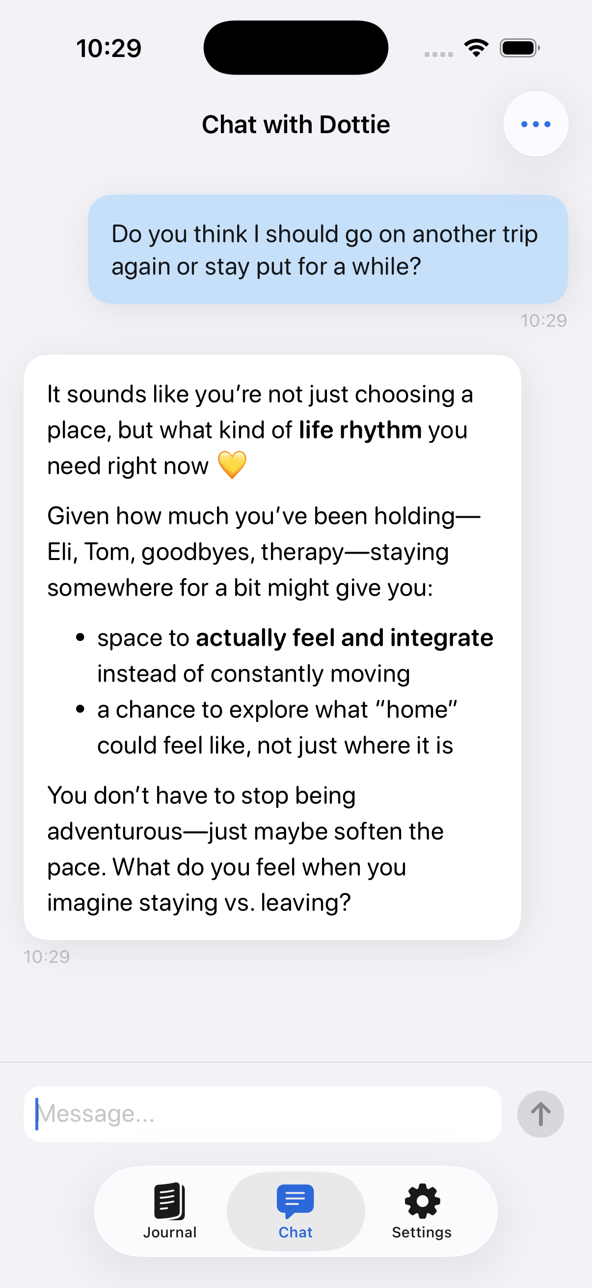 Dottie chat screen showing a thoughtful, multi-paragraph AI reply that references the user's recent journal entries.