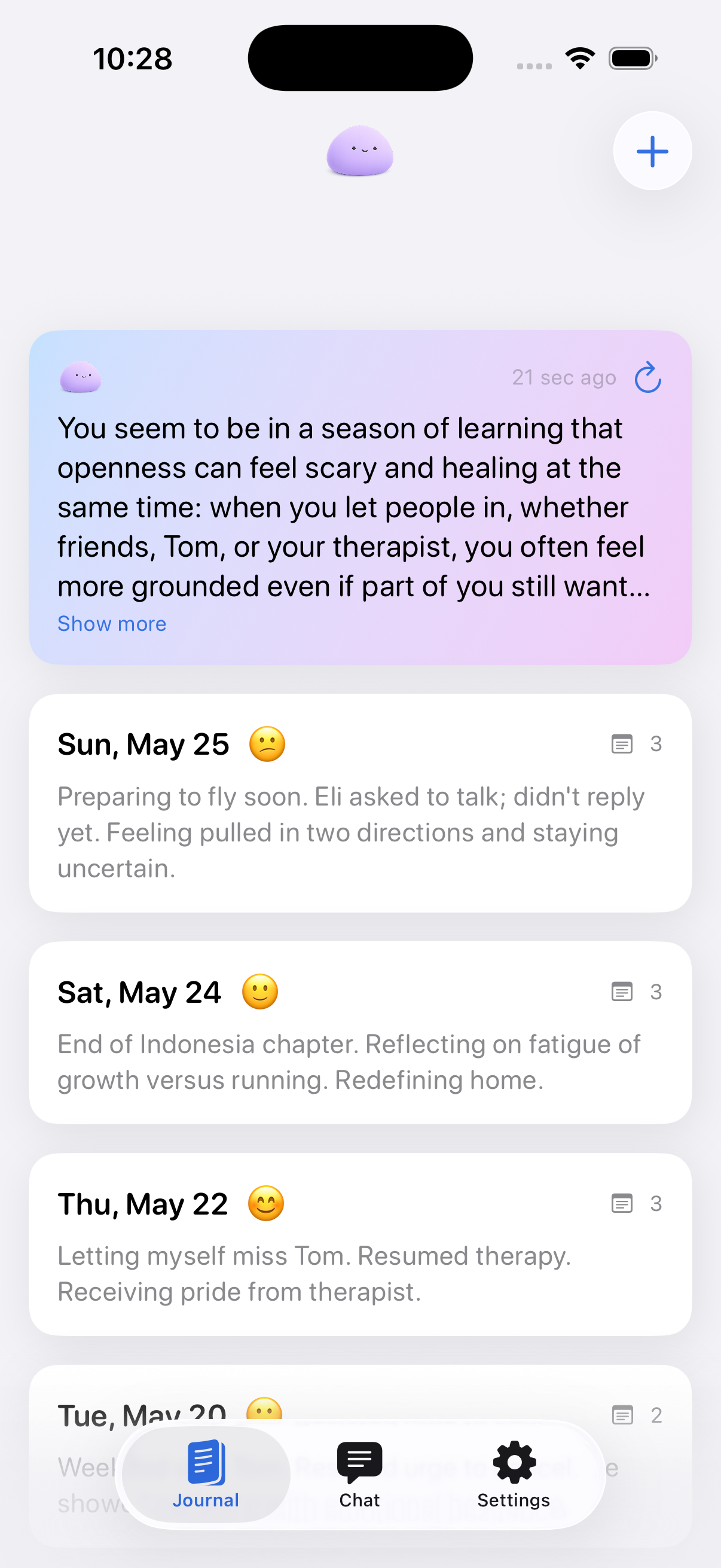 Dottie home screen showing the AI insight card at the top followed by a timeline of day cards, each with a mood emoji and a one-line summary.